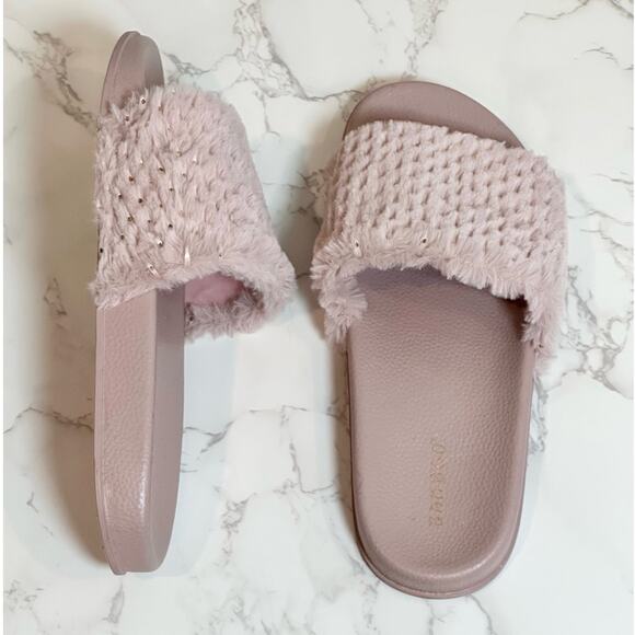 Bamboo Mauve Soft Fur Fuzzy Slides Metallic SZ 10 $20 - Picture 9 of 11